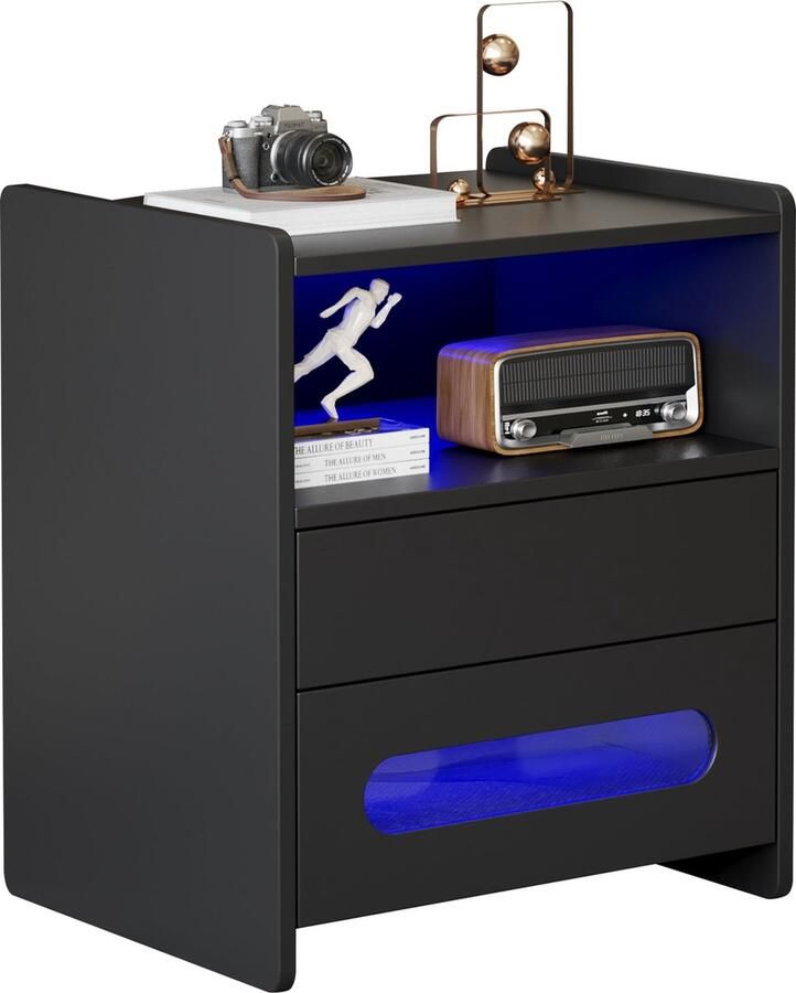 Merax LED Nachtkastje 2-delige Set Modern Beistelltisch met 2 Lades Nachttafel met LED Verlichting Zwart