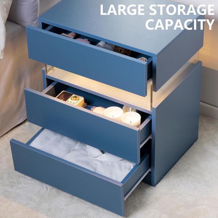 Merax LED Nachtkastje met 3 Lades Modern Blauw Nachtkastje met RGB LED Verlichting en Acrylpanelen voor Slaapkamer en Woonkamer