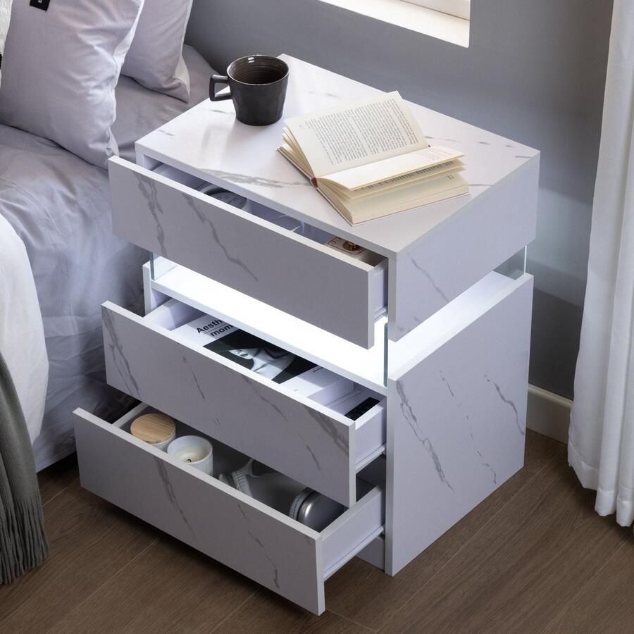 Merax LED Nachtkastje met 3 Lades Moderne Mat Witte Bijzettafel met Acrylpaneel en RGB LED Verlichting Voor Slaapkamer en Woonkamer