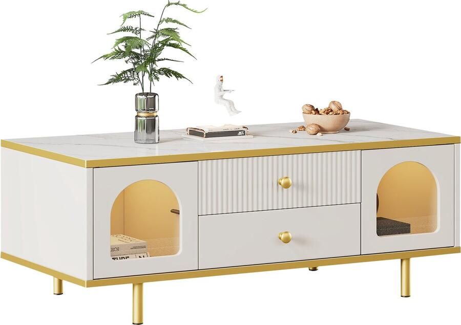 Merax LED Salontafel – Hoogglans Marmerlook met Gouden Metaal Luxe Tafel met Schuiflade en Kast 100x50x43 cm