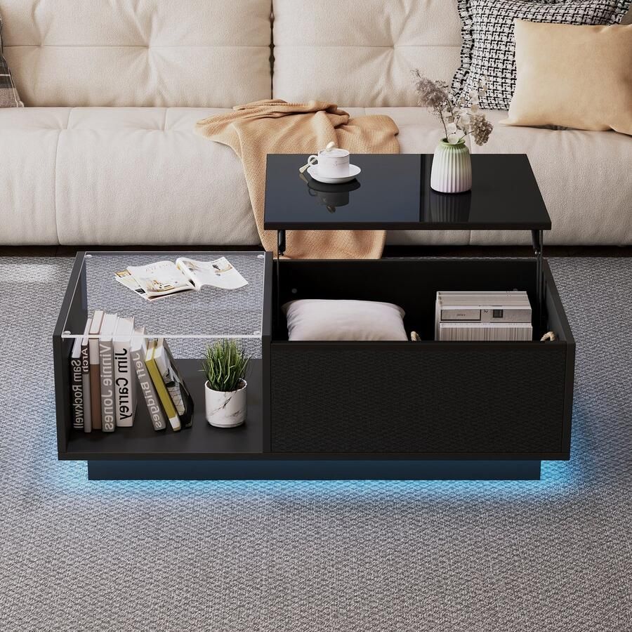 Merax LED salontafel hoogglans woonkamertafel in hoogte verstelbare met verborgen opbergruimte en legplanken 50 x 100 x 33-46 5 cm zwart