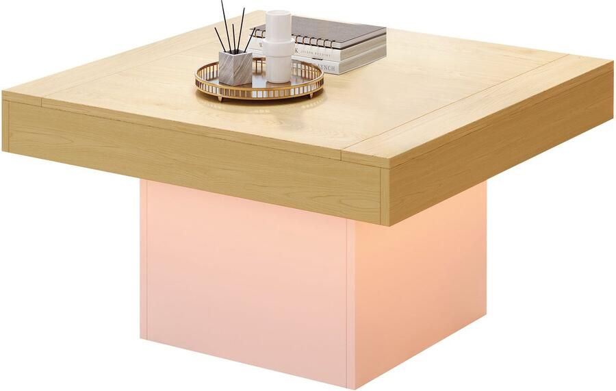 Merax LED Salontafel in Paddenstoelvorm – 70x70x40 cm – Vierkante Bijzettafel met Licht – Wit & Eiken – Modern Design voor Woonkamer