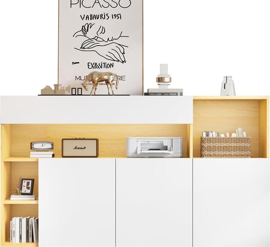 Merax LED Sideboard 140 cm Breed Multifunctionele Commode Highboard Luxueuze Kast voor Woonkamer Slaapkamer of Hal Wit en Eiken