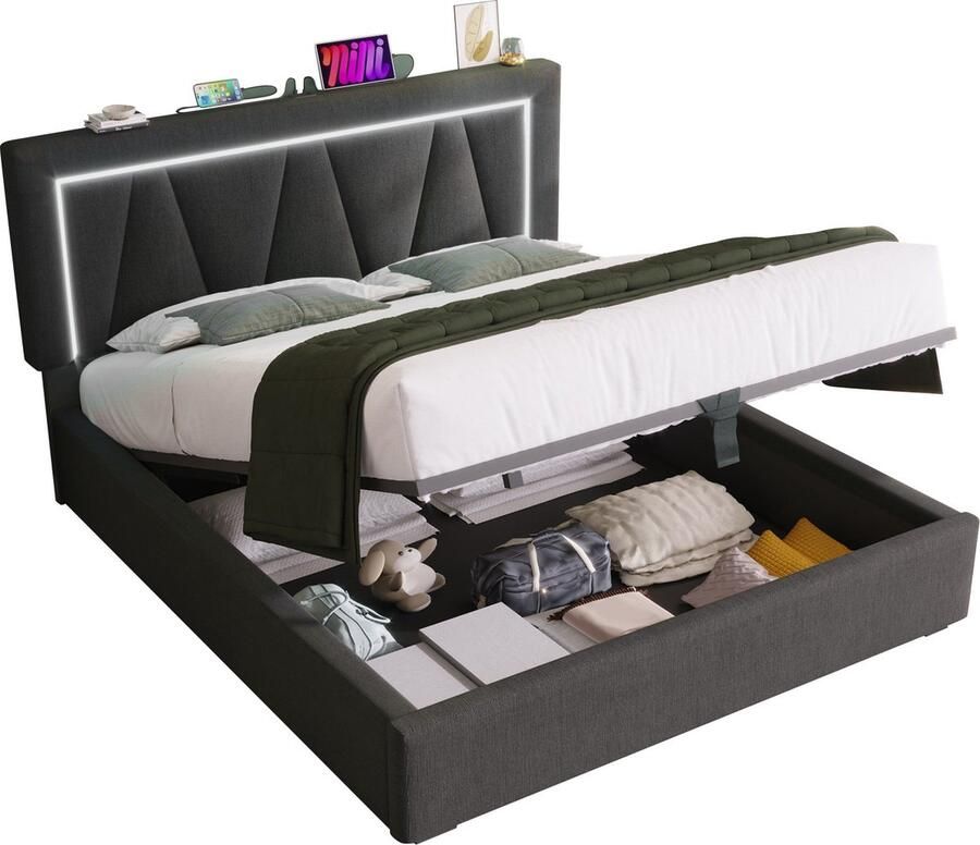 Merax Gestoffeerd LED Tweepersoonsbed 140x200 cm Met USB Type-C Laadfunctie LED-Verlichting en Opbergruimte Grijs Linnen Bedframe Inclusief Lattenbodem (Zonder Matras)