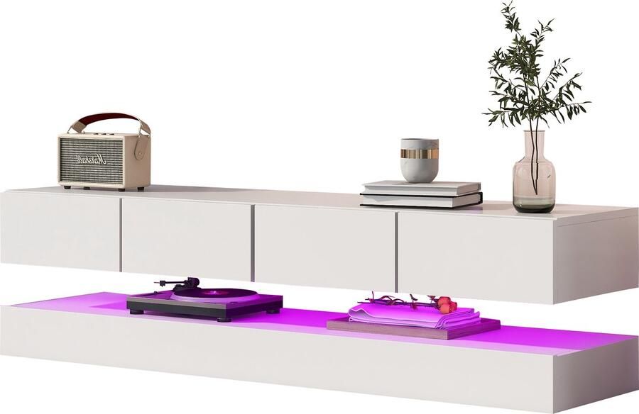 Merax LED TV-meubel 130 cm Wandmontage en Staand Model 16-kleuren LED-verlichting 2 Kasten en 4 Grote Lades Geschikt voor TV tot 55 inch Wit