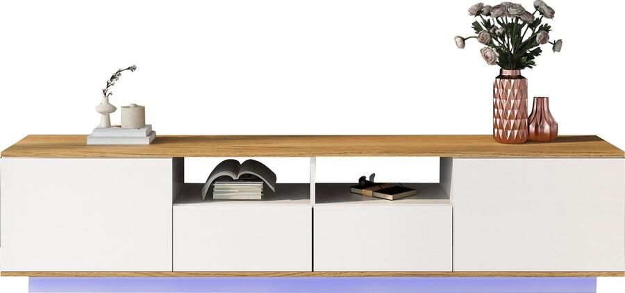 Merax LED TV-meubel Lowboard met 16 LED-kleuren modern design en ruime opbergruimte Geschikt voor TV's tot 80 inch Wit met eikenhouten afwerking - Foto 2