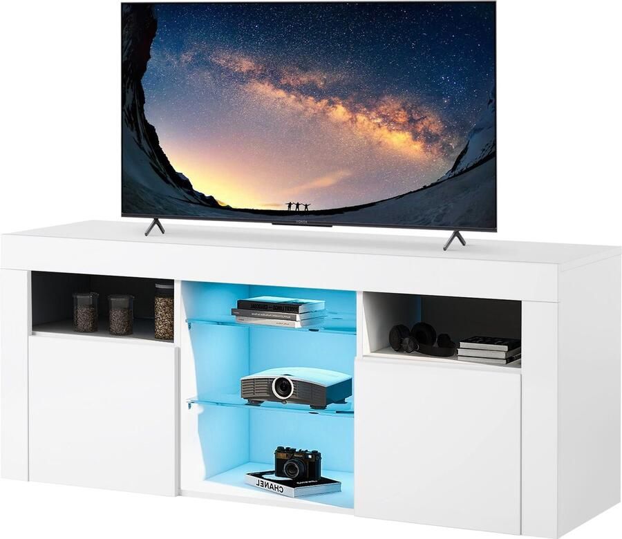 Merax LED TV-meubel Wit design met 16-kleurige LED-verlichting 2 deuren en 5 open vakken Compact formaat (120 x 35 x 50 cm)