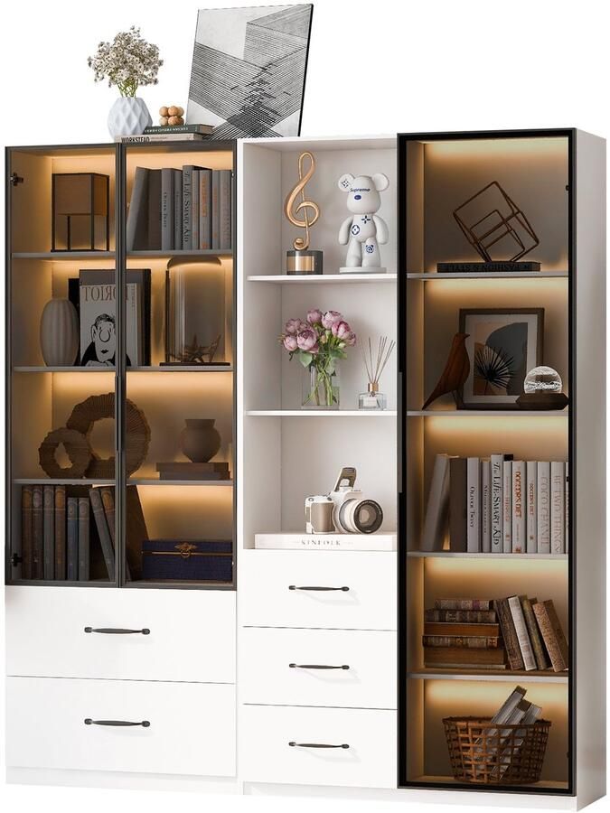 Merax LED Vitrine 140x40x160 cm – Boekenkast en Multifunctionele Kast met Glasdeuren en LED Verlichting