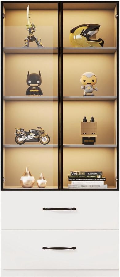 Merax LED Vitrinekast 60×40×160 cm Glas Vitrinekast met Schubladen en Verlichting Boekenkast en Multifunctionele Opbergkast met Aluminium Frame en Soft Close Deuren Wit