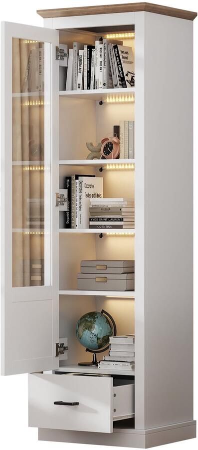 Merax LED Vitrinekast Wit Mat Met Glazen Deuren En Lade – 178x50x35 Cm – Vitrinekast Met 16 Kleuren Verlichting En USB