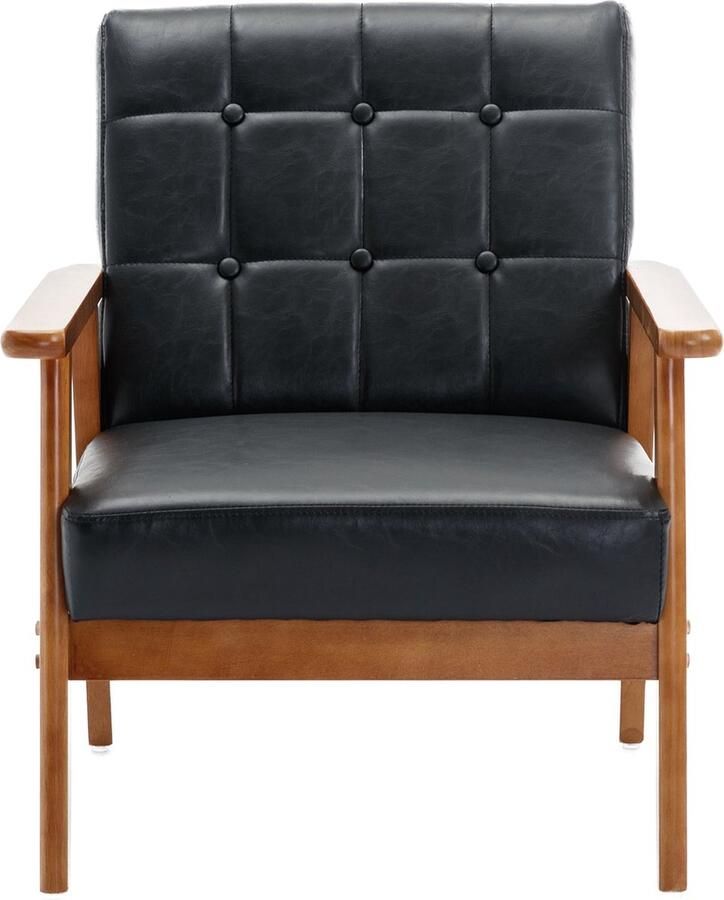 Merax Leisure Chair met Massief Houten Armleuning en Poten Mid-Century Modern Accent Stoel voor Woonkamer Slaapkamer en Studio Zwart PU Leer