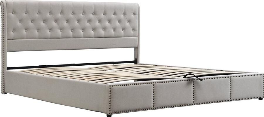 Merax gestoffeerd bed 180x200 cm Lichtgrijs linnen met hydraulische lift bedbox opbergruimte en decoratieve nagels (zonder matras)
