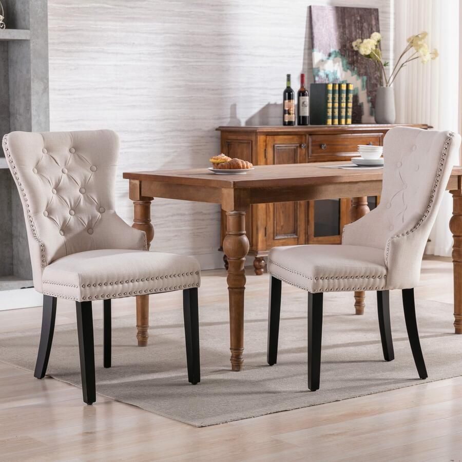 Merax Linnen eetkamerstoel slaapkamerstoel met eiken poten chroom knocker en spijkerkop trim keukenstoel woonkamer loungestoel beige 2 stuks