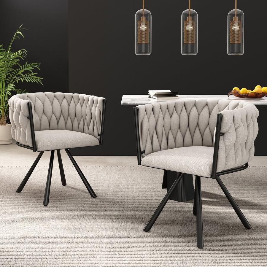 Merax Linnen eetkamerstoelen set van 2 eenpersoons luxe woonkamer slaapkamer draaistoel lounge draaistoel beige en zwart
