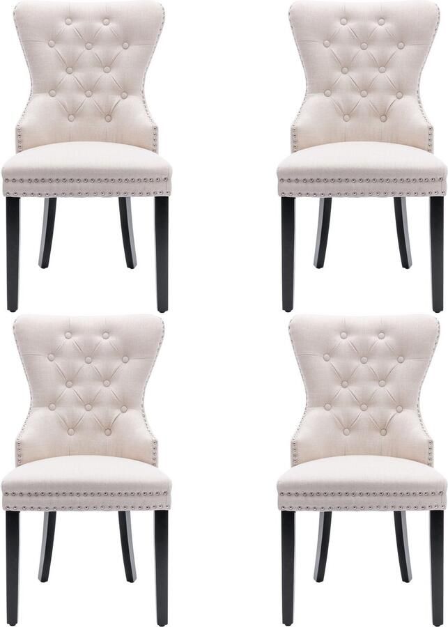 Merax Linnen eetkamerstoel slaapkamerstoel met eiken poten chroom knocker en spijkerkop trim keukenstoel woonkamer loungestoel beige 4 stuks