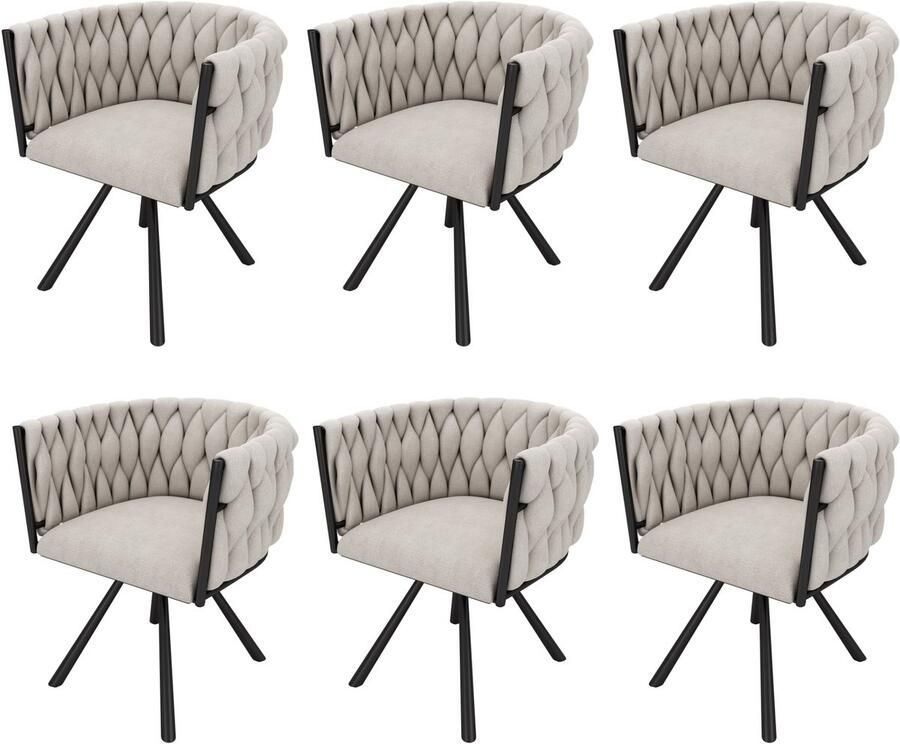 Merax Linnen eetkamerstoelen set van 6 eenpersoons luxe woonkamer slaapkamer draaistoel lounge draaistoel beige en zwart