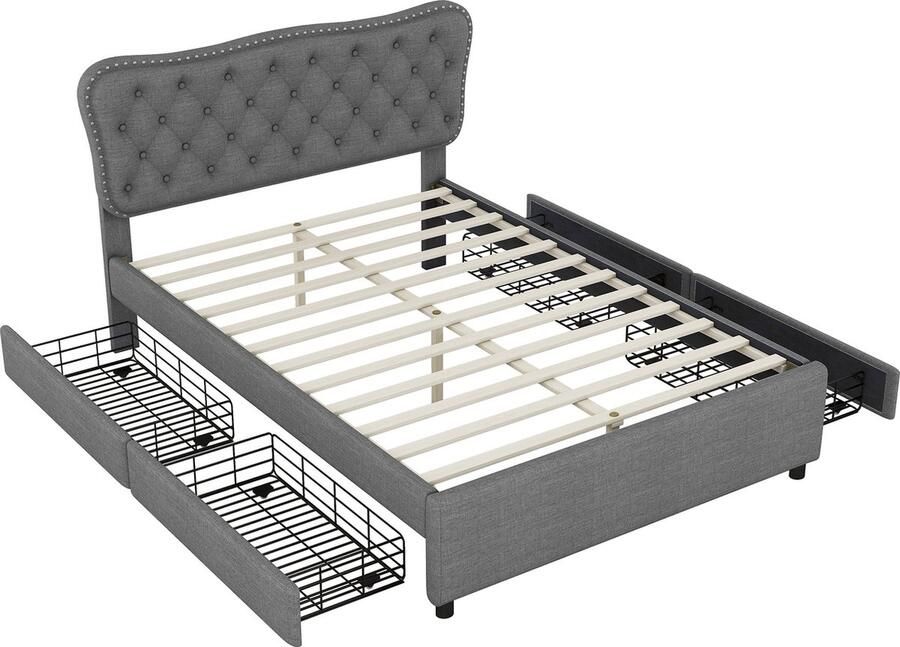 Merax Linnen Gestoffeerd Tweepersoonsbed 140x200 cm Modern Bed met 4 Lades Grijs