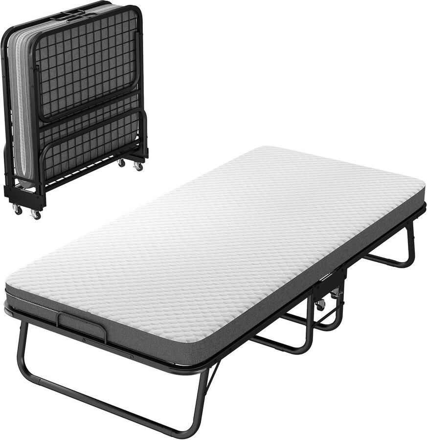 Merax Logeerbed 90x190 – Opvouwbaar Bed met Matras en Wielen – Zwart