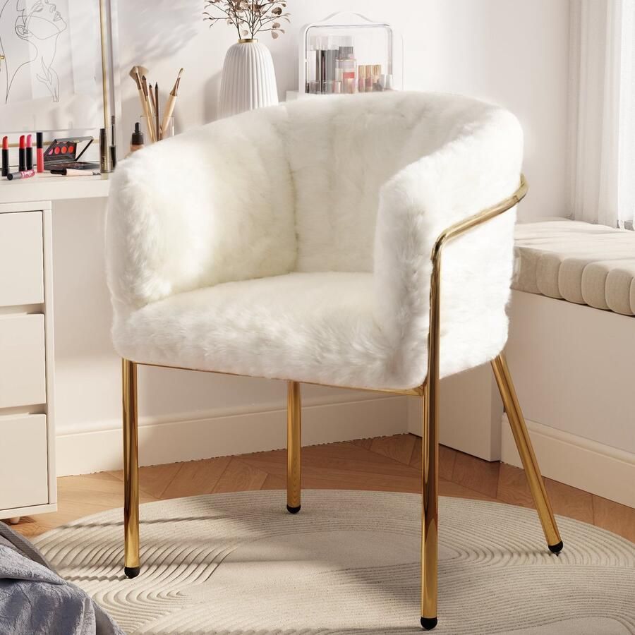 Clruro Eetkamerstoel 1 Stuk Vrijetijdsstoel Ankleide Stoel Licht Luxe Vier Metalen Poten Kaninchen Bont Imitatie Wit WF317938AAB - Foto 2
