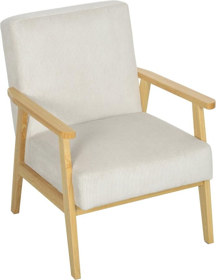 Merax Loungestoel Crème Comfortabele Fauteuil met Armleuningen Ribfluweel Bekleding Houten Poten Scandinavisch Design Geschikt voor Woonkamer Slaapkamer of Kantoor