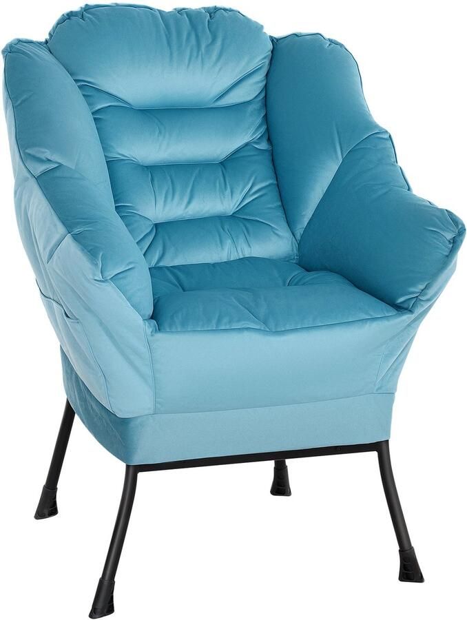 Merax Loungestoel Fluweel Blauw Comfortabele Relaxstoel met Zijvakken Moderne Fauteuil met Metalen Poten Stoel voor Woonkamer Slaapkamer Leeshoek