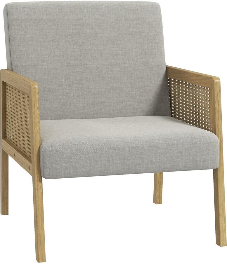Merax loungestoel grijs comfortabele fauteuil met rattan armleuningen boho relaxstoel met linnenlook bekleding accentstoel voor woonkamer of leeshoek