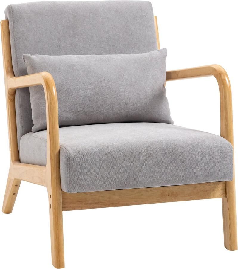 Merax Loungestoel Grijs Fluweel met Armleuning en Lendenkussen – Comfortabele Fauteuil met Houten Frame