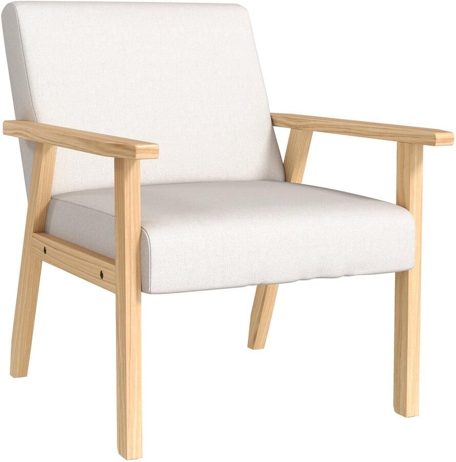 Merax Loungestoel met Armleuningen – Comfortabele Fauteuil in Crème Wit – Relaxstoel met Houten Frame en Linnenlook Bekleding – Brede Zit – Voor Woonkamer of Slaapkamer – 64x70x72 cm