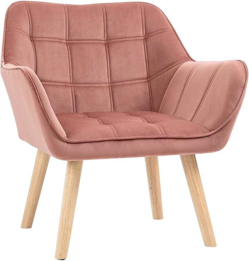 Merax Loungestoel Roze Fluweel – Scandinavische Relaxstoel met Houten Poten – Compacte Fauteuil voor Woonkamer of Leeshoek – 68 5 x 61 x 72 5 cm