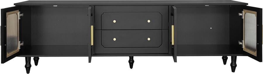 Merax Retro TV Meubel 175 cm – Zwart met Geribbeld Glas in Deuren en Gouden Handgrepen – Kast met 2 Lades - Foto 2