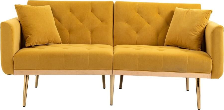 Merax Luxe 2-Zits Design Bankstel Uitklapbaar tot Slaapbank Velvet Bank met Metalen Poten Mosteerd Geel met Goud