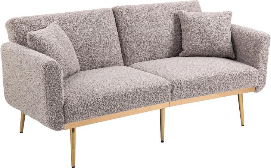 Merax Luxe 3-Zits Design Bankstel in Teddy Stof Omvormbaar tot Slaapbank Grijs met Goud