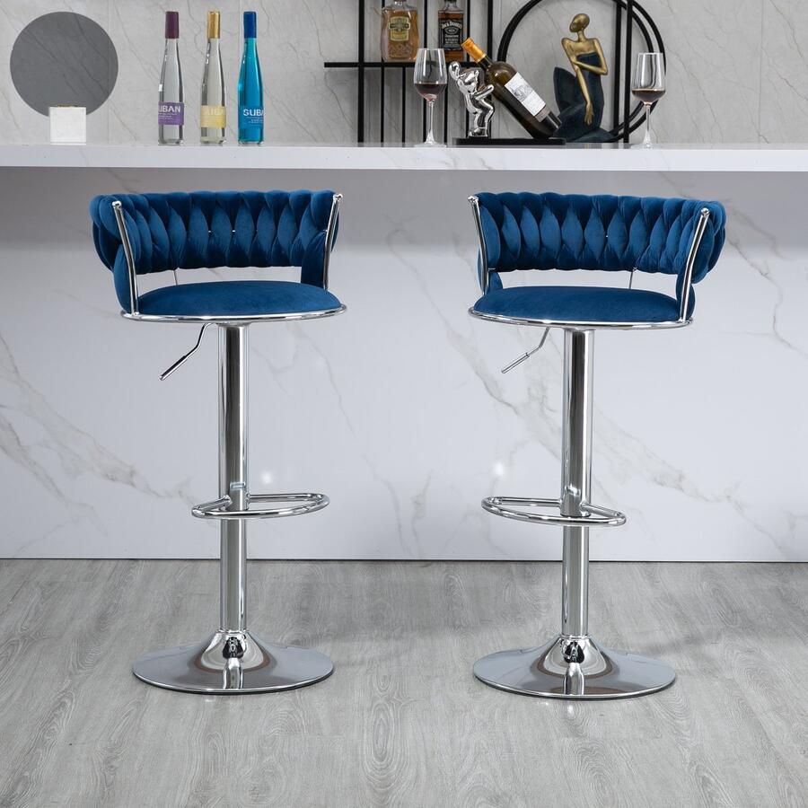 Merax Luxe Barkrukken Set van 2 Barkruk Barstoel met Voetensteun en Rugleuning Blauw met splinter