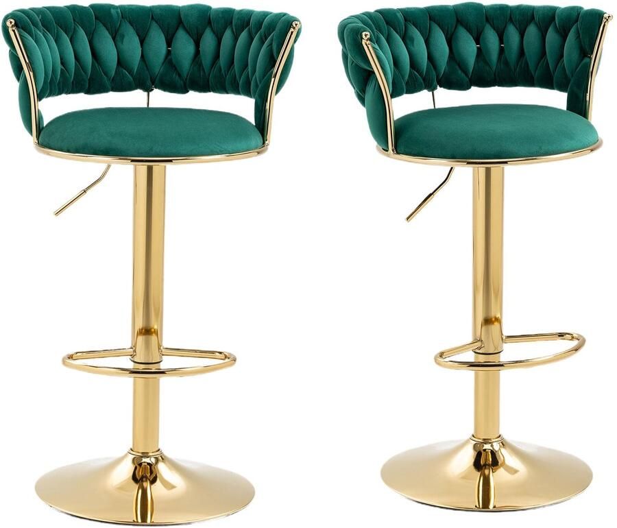 Merax Luxe Fluwelen Barstoelen Set van 2 – 360° Draaibaar met Verstelbare Zithoogte en Gouden Onderstel Handgeweven Rugleuning voor Keuken Eiland en Eetkamer