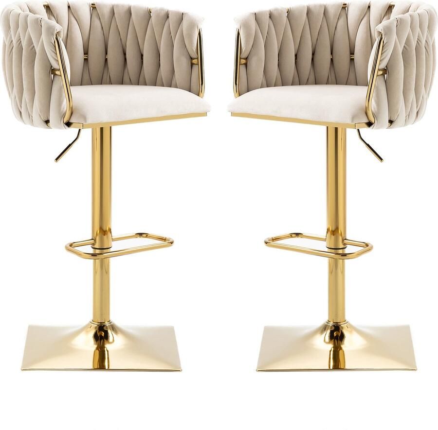Merax Luxe Barkrukken Set van 2 – Verstelbaar 87-105 cm – Beige Fluweel met Gouden Frame – 360° Draaibaar met Rugleuning en Voetensteun – Moderne Barstoelen