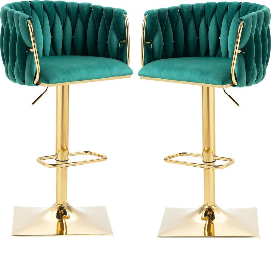 Merax Luxe Barkrukken Set van 2 – Verstelbaar 87-105 cm – Groen Fluweel met Gouden Frame – 360° Draaibaar met Rugleuning en Voetensteun – Elegante Barstoelen