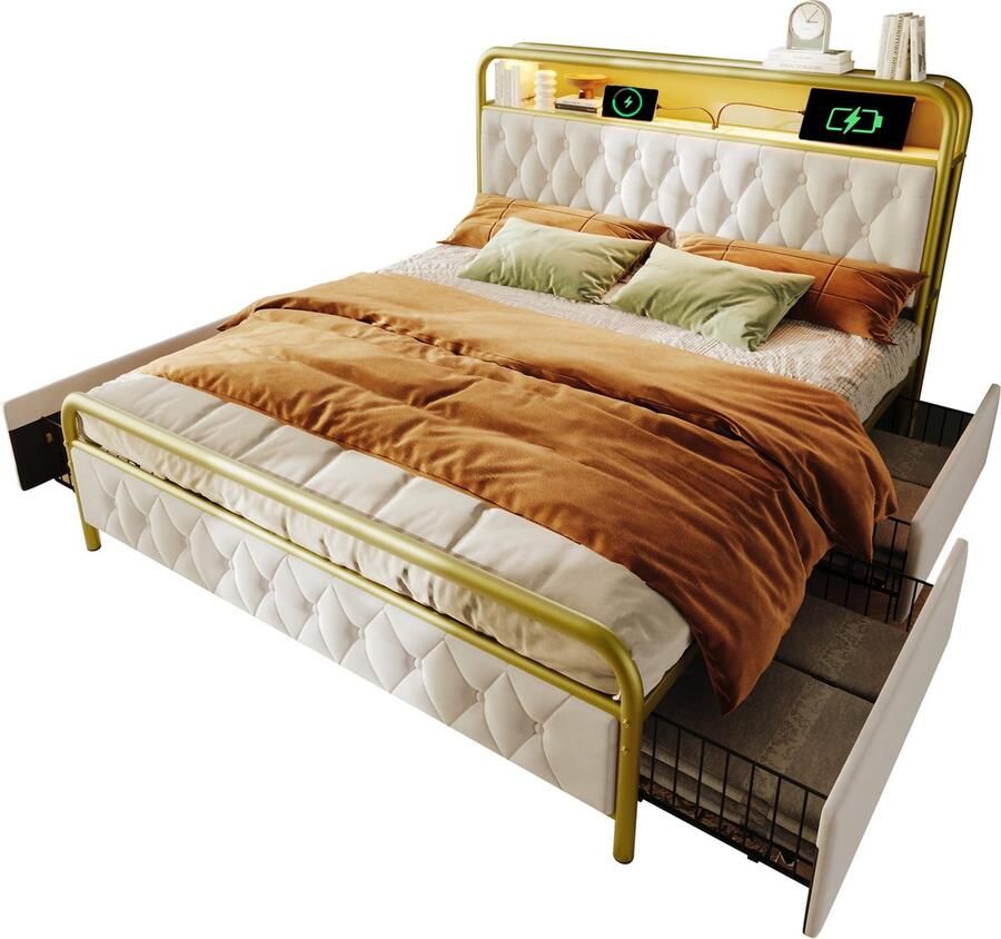 Merax Luxe Bed 160x200 cm met USB en Type-C Oplaadfunctie – Wit Fluweel – Queensize Tweepersoonsbed met LED Verlichting en 4 Lades – Verstelbaar Hoofdbord