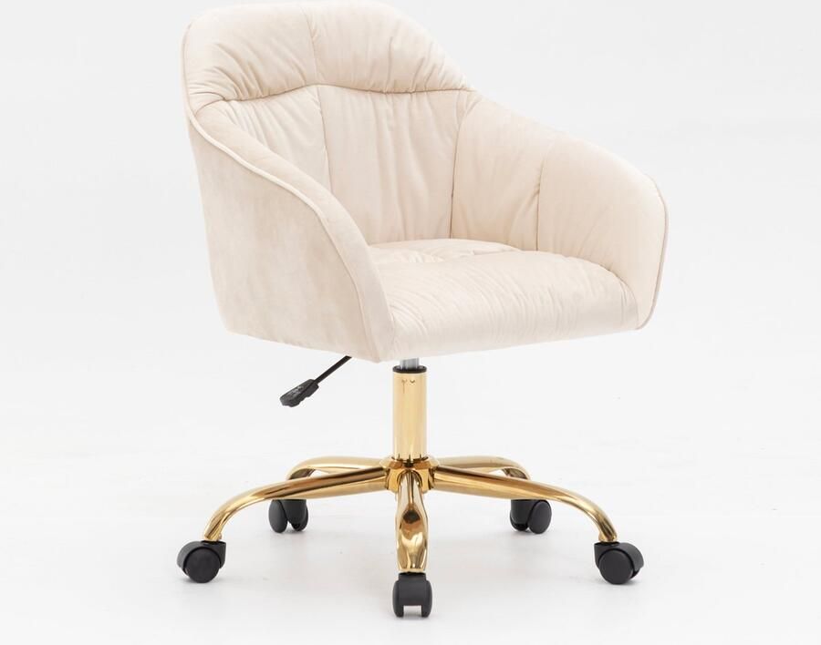 Merax Luxe Bureaustoel met Armleuning 360° Draaibaar Stoel op Wielen Beige Fluweel Gouden Onderstel