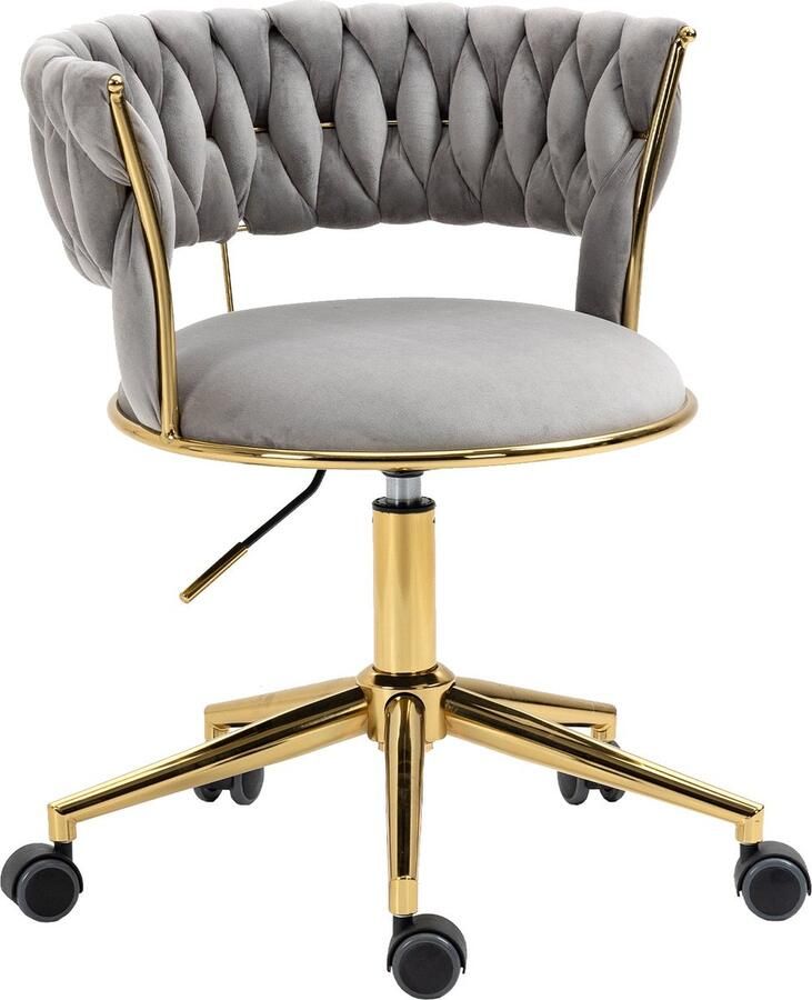 Merax Luxe Bureaustoel Zachte Fluwelen Stof 360° Draaibaar Verstelbare Hoogte Handgeweven Rugleuning en Uitgesneden Design Met Gouden Accenten en 5 Wielen Comfortabel voor Kantoor en Woonkamer