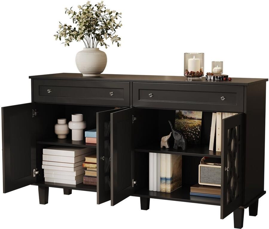 Merax Luxe Dressoir met Spiegeldetails – 140x40x83 cm – Zwarte Opbergkast met 4 Spiegeltüren 2 Lades Kristalknoppen & Verstelbare Legplanken – Modern Sideboard voor Woonkamer of Hal