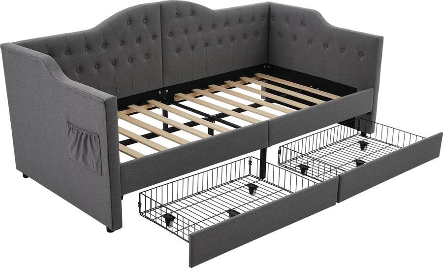 Merax Polsterbett Daybett Schlafsofa Stauraumbetten Bettgestell mit USB Type C Ladefunktion und 2 Schubladen 90x190cm in Grau Linen (Ohne Matratze)