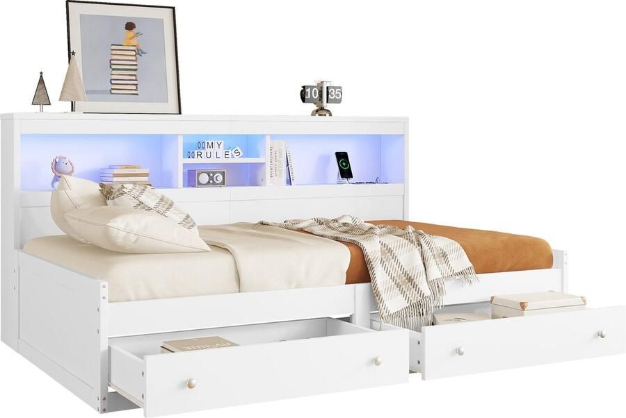 Merax Luxe Eenpersoonsbed 90x200 cm met Opbergruimte en Lades Bed met USB-Aansluiting en LED-Verlichting – Kinderbed van Hout – Wit
