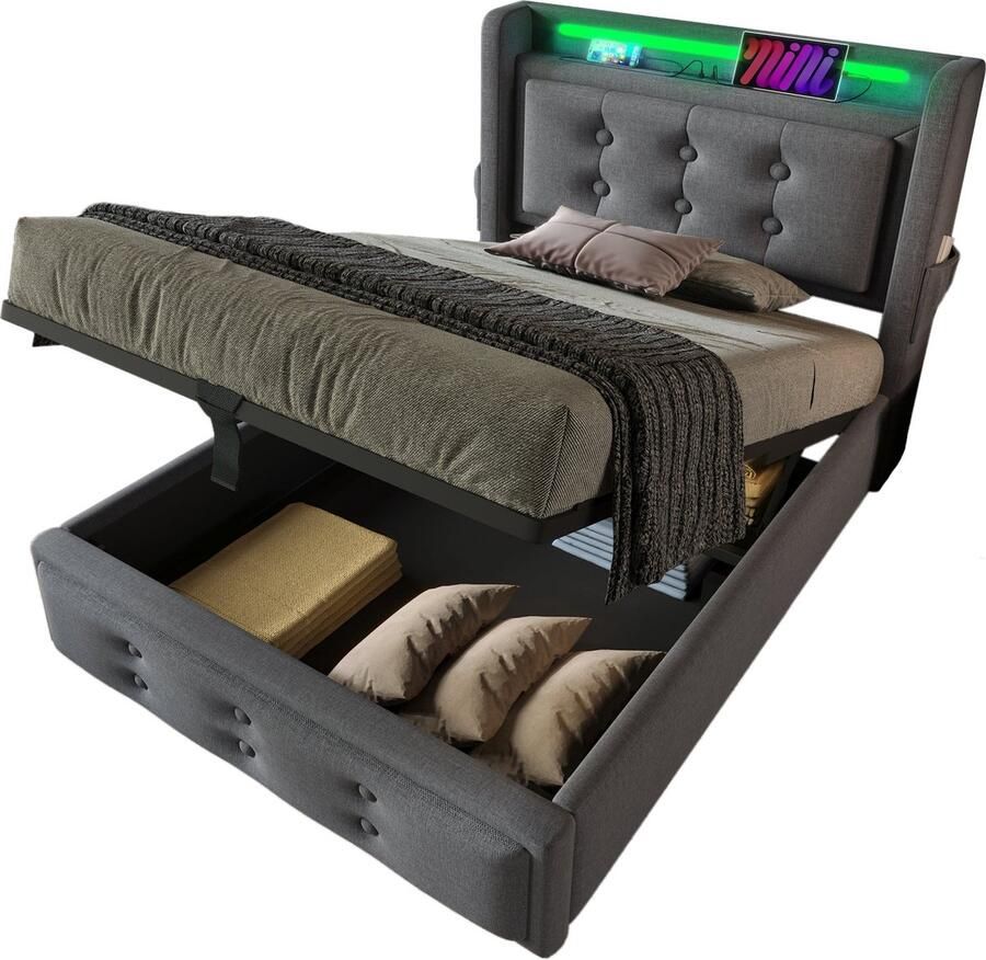 Merax Luxe Eenpersoonsbed met LED-Verlichting en USB-C Aansluiting in Hoofdbord 90x200 cm Gestoffeerd Bed met Hydraulische opbergruimte Grijs