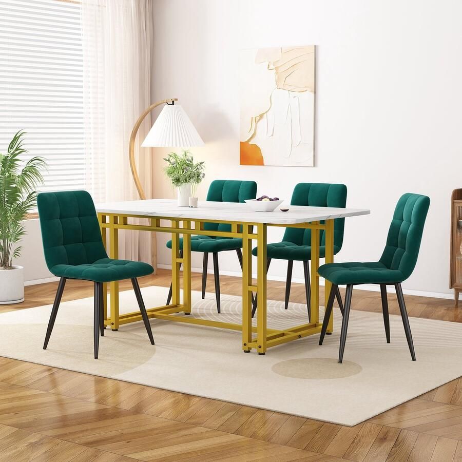 Merax Luxe Eetkamerset Eettafel Set met 4 Fluwelen Eetkamerstoelen en Gouden Poten Stoelen in Donkergroen met Zwart en Tafel in Wit met Goud - Foto 2