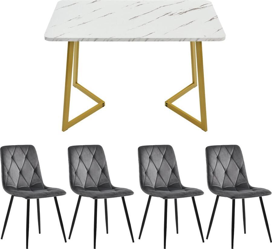 Merax Luxe Eetkamerset Moderne Eettafel 117x68 cm met 4 Eetkamerstoelen Moderne Marmerlook Eetgroep Wit met Goud en Grijs met Zwart