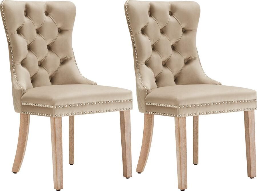 Merax Luxe Eetkamerstoel Set van 2 4-Poot Eetkamerstoelen met Knopenstiksel Stoel met Massief Houten Frame Lichtbruin