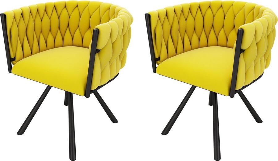 Merax Luxe Eetkamerstoelen – Set van 2 – Draaibare Stoelen – 360° Rotatie – Fluwelen Bekleding – Stevige Metalen Poten – Ergonomisch Design – Geel en Zwart