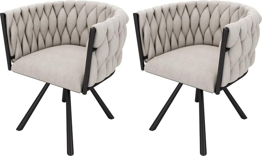 Merax Luxe Eetkamerstoelen – Set van 2 – Draaibare Stoelen – 360° Rotatie – Linnen Bekleding – Stevige Metalen Poten – Ergonomisch Design – Beige en Zwart