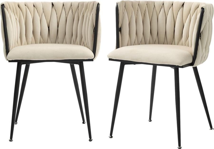 Merax Luxe Eetkamerstoelen Set van 2 – Elegant Design met Gouden Metalen Poten en Handgeweven Rugleuning Beige