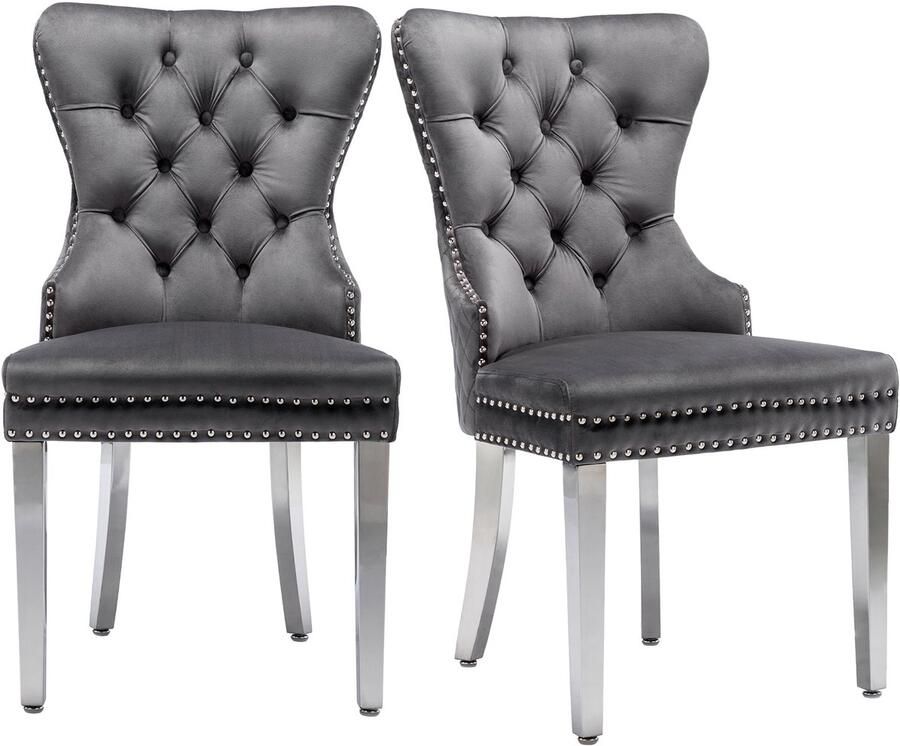 Merax Luxe Eetkamerstoelen – Set van 2 – Gestoffeerd met Fluweel – Metalen Poten – Stijlvol Design met Handgreep en Nagelkopdetails – Grijs